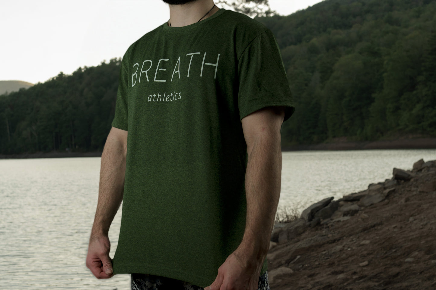 Blended Short Sleeve T shirt in Green Front with "Breath" Across the Front.
