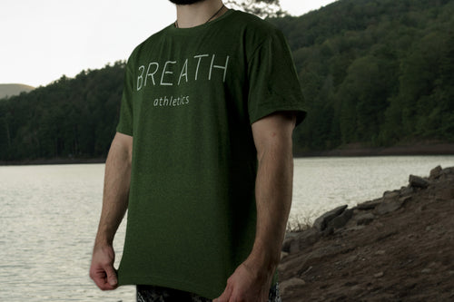 Blended Short Sleeve T shirt in Green Front with "Breath" Across the Front.