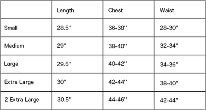Chart depicting the different measurements for the short sleeve t shirt sizes.
